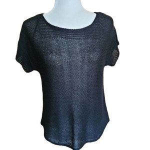 Cupio Women's Size Small Loose Knit Sweater Top Short Sleeve Black Round Neck